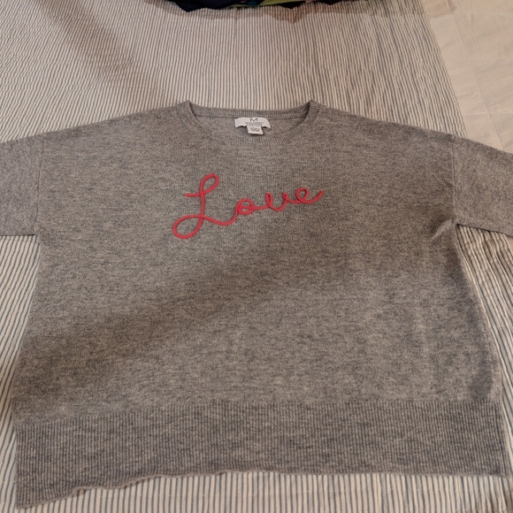 CASHMERE Magaschoni Gray Sweater with Coral Pink 'Love' Embroidery XL - Picture 4 of 5